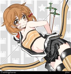 Rule 34 | 10s, 1girl, :&gt;, aircraft, airplane, alternate costume, arrow (projectile), bandaid, bandeau, bow (weapon), cosplay, crab, hair ribbon, kantai collection, looking at viewer, midriff, navel, oboro (kancolle), pleated skirt, ribbon, short hair, shouhou (kancolle), shouhou (kancolle) (cosplay), skirt, solo, star (symbol), sumeragi hamao, sweat, sweatdrop, thighhighs, thighs, twitter username, weapon