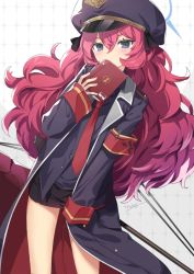 Rule 34 | 1girl, armband, artist name, black hat, black shirt, blue archive, blush, book, book to mouth, hair between eyes, halo, hat, highres, iroha (blue archive), jacket, long hair, looking at viewer, military, military hat, military uniform, necktie, red hair, red necktie, safety pin, shirt, signature, solo, tyone, uniform, very long hair