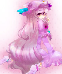 Rule 34 | 1girl, bow, dress, female focus, hair bow, highres, kneeling, long hair, looking back, open mouth, patchouli knowledge, purple eyes, purple hair, rarorimiore, ribbon, solo, touhou, very long hair