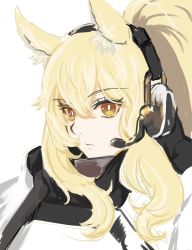 Rule 34 | 1girl, absurdres, animal ears, arknights, armor, blonde hair, breastplate, commentary request, hair between eyes, headphones, headset, highres, long hair, looking at viewer, nearl (arknights), partial commentary, shimura (hosshi), simple background, solo, upper body, white background, yellow eyes