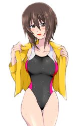 Rule 34 | 10s, 1girl, bad id, bad pixiv id, black one-piece swimsuit, blush, breasts, brown eyes, brown hair, competition swimsuit, cowboy shot, frown, girls und panzer, highleg, highleg swimsuit, jacket, large breasts, light blush, long sleeves, looking at viewer, moekichi, nishizumi maho, no pants, one-piece swimsuit, open clothes, open jacket, open mouth, opened by self, short hair, simple background, solo, standing, swimsuit, thigh gap, thighs, wet, wet clothes, white background, yellow jacket