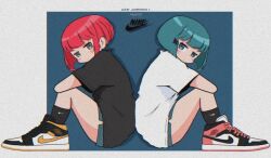 Rule 34 | 2girls, air jordan 1, aqua hair, back-to-back, black shirt, black socks, blue background, blue eyes, border, commentary request, drop shadow, film grain, from side, full body, grey eyes, grey shorts, knees up, looking at viewer, looking to the side, multiple girls, nao97122, nike (company), original, outside border, pink hair, shirt, shoes, short hair, short sleeves, shorts, simple background, sitting, sneakers, socks, t-shirt, white border, white shirt