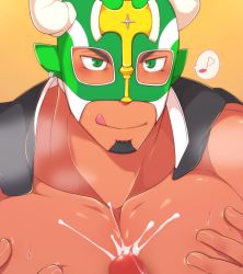 Rule 34 | 2boys, :q, animal ears, bara, bare pectorals, between pecs, between pectorals, black hair, censored, cow ears, cow horns, crow (siranui), cum, cum on body, cum on male, cum on pectorals, dark-skinned male, dark skin, ejaculation, erection, facial hair, fake animal ears, frottage, gakuran, goatee, grabbing, green hair, grin, highres, horns, ikusaba daisuke, jacket, jacket on shoulders, large pectorals, male focus, male pubic hair, mosaic censoring, multicolored hair, multiple boys, muscular, muscular male, nipples, paid reward available, pecjob, pectoral focus, pectoral grab, pectorals, penis, pov, pubic hair, school uniform, short hair, sideburns, smile, solo focus, taurus mask, tokyo houkago summoners, tongue, tongue out, upper body, wrestling mask, yaoi