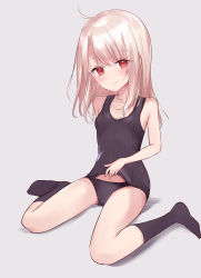 Rule 34 | 1girl, absurdres, bare arms, bare shoulders, black one-piece swimsuit, black socks, blush, breasts, closed mouth, collarbone, commentary request, fate/kaleid liner prisma illya, fate (series), full body, grey background, hair between eyes, highres, illyasviel von einzbern, kneehighs, light brown hair, long hair, looking at viewer, natsu (sinker8c), no shoes, old school swimsuit, one-piece swimsuit, red eyes, school swimsuit, school swimsuit flap, sitting, small breasts, smile, socks, solo, swimsuit, wariza