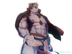 Rule 34 | 1boy, abs, absurdres, animal ears, bara, bare pectorals, beckoning, blush, bulge, chest hair, cowboy shot, furry, furry male, grey fur, grey hair, headband, highres, horkeu kamui, jacket, jacket on shoulders, large pectorals, male focus, muscular, muscular male, nipples, pectorals, pelvic curtain, reaching, reaching towards viewer, revealing clothes, short hair, smile, solo, stomach, tail, thick thighs, thighs, tokyo houkago summoners, two-tone fur, white fur, wind, wolf boy, wolf ears, wolf tail, yang geon, yellow eyes