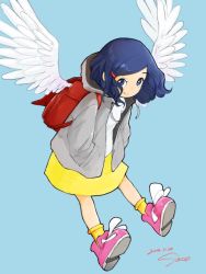 Rule 34 | 1girl, angel wings, backpack, bad id, bad twitter id, bag, blue background, blue eyes, blue hair, child, closed mouth, commentary request, dated, full body, grey hoodie, hair ornament, hairclip, hands in pockets, highres, hood, hoodie, long sleeves, looking at viewer, pink footwear, randoseru, sako (35s 00), shirt, shoes, signature, simple background, skirt, smile, socks, solo, white shirt, wings, yellow skirt, yellow socks