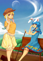 Rule 34 | 2girls, :o, ambiguous red liquid, animal ears, bad id, bad pixiv id, bench, blonde hair, blouse, blue dress, blue hair, blush, breasts, rabbit ears, rabbit tail, cabbie hat, crescent, dress, earclip, floppy ears, groin, hand on own chest, hat, highres, hip focus, kine, long hair, looking at viewer, mallet, medium breasts, midriff, moon, multi-tied hair, multiple girls, navel, on bench, open mouth, orange shirt, outdoors, purple eyes, red eyes, ringo (touhou), seiran (touhou), shirt, short hair, shorts, sitting, sky, stain, star (symbol), tail, toned, touhou, waving, yanagi 638