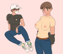 Rule 34 | 1girl, baseball cap, belt, belt buckle, black shirt, breast pocket, breasts, brown eyes, brown hair, blowing bubbles, buckle, chewing gum, commentary, denim, earrings, english commentary, hat, highres, jeans, jewelry, large breasts, looking at viewer, mask, monamin, mouth mask, multiple views, nike (company), nipples, original, pants, pink background, pocket, shirt, short hair, simple background, stud earrings, tan, tanline, topless, unworn shirt, watch, white footwear, white headwear, white mask, wristwatch