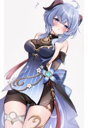 Rule 34 | 1girl, ahoge, bare shoulders, black shorts, blue dress, blue hair, breasts, commentary request, cowboy shot, detached sleeves, dress, ganyu (genshin impact), ganyu (twilight blossom) (genshin impact), genshin impact, highres, horns, long hair, looking at viewer, medium breasts, official alternate costume, parted lips, purple eyes, short shorts, shorts, sidelocks, solo, standing, suzumori (su2525), thighs