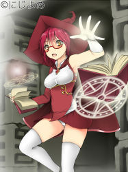 Rule 34 | 1girl, blush, book, breasts, covered erect nipples, glasses, gloves, hat, magic circle, moshi (atelier33-4), open mouth, panties, red hair, short hair, solo, thighhighs, underwear, watermark, witch hat, yellow eyes
