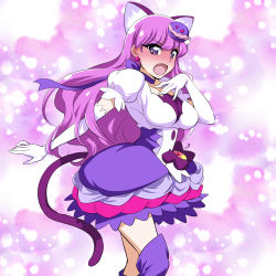 Rule 34 | 10s, 1girl, animal ears, blush, cat ears, cat tail, cure macaron, elbow gloves, food-themed hair ornament, gloves, hair ornament, kirakira precure a la mode, kotozume yukari, long hair, looking at viewer, macaron hair ornament, magical girl, nakahira guy, open mouth, precure, puffy sleeves, purple eyes, purple hair, purple thighhighs, solo, standing, tail, thighhighs, white gloves