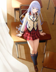 Rule 34 | 1girl, aqua eyes, arms at sides, black socks, blazer, blue hair, blunt bangs, blush, brown footwear, brown jacket, chair, classroom, collared shirt, commentary request, curtains, desk, emblem, fed (giba), floor, from above, full body, hair ornament, hairclip, head tilt, highres, idolmaster, idolmaster million live!, indoors, jacket, kneehighs, loafers, long hair, long sleeves, looking at viewer, looking up, low-tied long hair, necktie, on desk, plaid, plaid skirt, pleated skirt, red skirt, school chair, school desk, school uniform, shiraishi tsumugi, shirt, shoes, sitting, skirt, socks, solo, standing, striped necktie, striped neckwear, uniform series (idolmaster), very long hair