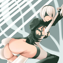 Rule 34 | 1girl, android, ass, between breasts, black dress, blindfold, breasts, dress, gloves, hairband, highres, huge weapon, medium breasts, nier (series), nier:automata, open mouth, rightfly, short hair, solo, sword, thighhighs, thong, weapon, 2b (nier:automata)