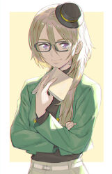 Rule 34 | 1girl, backlighting, belt, black-framed eyewear, black hat, black shirt, blonde hair, book, border, closed mouth, commentary request, glasses, green jacket, hair between eyes, hand on own arm, hand up, hat, highres, holding, holding book, jacket, long hair, long sleeves, looking at viewer, mini hat, murakami hisashi, open book, pretty series, purple eyes, reverse trap, shirt, solo, sumeragi amane (pretty series), waccha primagi!, white belt, white border, yellow background