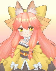 Rule 34 | 1girl, absurdres, animal ear fluff, animal ears, bare shoulders, blush, bow, commentary request, fate/samurai remnant, fate (series), fox ears, gradient background, hair bow, highres, japanese clothes, kimono, long hair, long sleeves, looking at viewer, pink hair, short eyebrows, smile, solo, tamamo (fate), tamamo aria (fate), tsugumokei, upper body, yellow eyes, yellow kimono