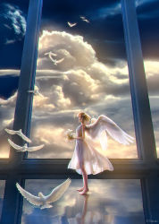 Rule 34 | 1girl, artist name, barefoot, bird, blonde hair, cloud, dress, flower, from side, highres, holding, holding flower, looking at viewer, original, reflection, short hair, sleeveless, sleeveless dress, solo, standing, takashi mare, white dress, white wings, wings
