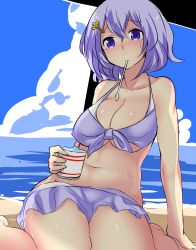 Rule 34 | 1girl, bad id, bad twitter id, barefoot, beach, bikini, blue eyes, blue hair, blue sky, blush, breasts, cleavage, cloud, day, covered erect nipples, food, hair ornament, highres, hitotsuki nebura, ice cream, letty whiterock, looking at viewer, mouth hold, navel, no headwear, no headwear, ocean, one-hour drawing challenge, outdoors, panties, short hair, sitting, sky, solo, spoon, sweat, swimsuit, touhou, underwear, water