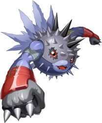 Rule 34 | 1boy, bandai, belt, brass knuckles, clenched hands, digimon, digimon (creature), digimon new century, fish, full body, helmet, muscular, official art, pukumon, red eyes, sharp teeth, shoulder tattoo, solo, spiked helmet, spikes, tattoo, teeth, weapon