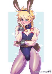 Rule 34 | 1boy, abs, animal ears, artist name, bare shoulders, blonde hair, blue background, blush, bow, braid, breasts, bulge, choker, cloud strife, covered erect nipples, crossdressing, detached collar, eyes visible through hair, fake animal ears, fake tail, final fantasy, final fantasy vii, final fantasy vii remake, hair between eyes, hair bow, heart, kajin (kajinman), leotard, male focus, male playboy bunny, mole, mole on breast, muscular, pantyhose, patreon username, playboy bunny, pout, rabbit ears, rabbit tail, simple background, sleeveless, solo, standing, star (symbol), tagme, tail, twin braids, two-tone background, watermark, white background