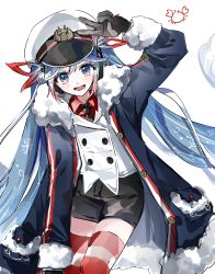 Rule 34 | 1girl, :d, arm up, artist logo, bad id, bad pixiv id, black gloves, black necktie, black shorts, blue eyes, blue hair, blush, buttons, coat, collared shirt, commentary, feet out of frame, fur-trimmed coat, fur trim, gloves, gradient hair, hair between eyes, hat, hatsune miku, highres, knees, long hair, long sleeves, looking at viewer, lower teeth only, multicolored hair, necktie, ok o o, open mouth, red hair, red shirt, shirt, shorts, simple background, smile, snowflake print, solo, striped clothes, striped thighhighs, teeth, thighhighs, tongue, twintails, v, vocaloid, white background, yuki miku, yuki miku (2022)