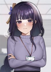 Rule 34 | 1girl, blunt bangs, blurry, blurry background, blush, braid, breasts, commentary request, contemporary, crossed arms, genshin impact, hair intakes, id card, indoors, lanyard, large breasts, long hair, looking at viewer, mole, mole under eye, nerua, office, office lady, purple eyes, purple hair, purple sweater, raiden shogun, sidelocks, signature, solo, sweater, upper body, wavy mouth