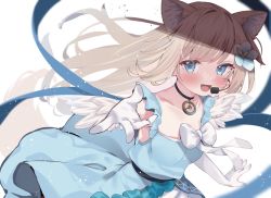 Rule 34 | 1girl, animal ear fluff, animal ears, blonde hair, blue eyes, clock hands, commission, dress, eip (pepai), fake wings, fang, flower, fox ears, fox girl, fox tail, frilled dress, frills, gloves, hair flower, hair ornament, headset, idol, idol clothes, jewelry, long hair, microphone, music, pendant, prism project, singing, skeb commission, solo, symbol-shaped pupils, tail, tokimori aoi, virtual youtuber, white gloves, wings