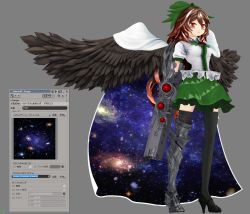 Rule 34 | 3d, arm cannon, armor, artist request, asymmetrical footwear, black thighhighs, black wings, boots, bow, brown hair, cape, feathered wings, fushigi no gensokyo, green skirt, high heels, mismatched footwear, reiuji utsuho, simple background, skirt, solo, thigh boots, thighhighs, touhou, weapon, white cape, wings, zettai ryouiki