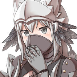 Rule 34 | 1girl, alternate color, arm blade, armor, blush, commentary request, feather hair ornament, feathers, gauntlets, grey eyes, grey feathers, grey hair, guillotine cross (ragnarok online), hair ornament, helmet, long hair, looking at viewer, mask, mouth mask, natsuya (kuttuki), pauldrons, ragnarok online, shoulder armor, shrug (clothing), simple background, solo, upper body, weapon, white background