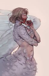 Rule 34 | 1girl, blood, blood on chest, blood on face, blood on hands, brown background, brown hair, claws, commentary, dungeon meshi, english commentary, falin touden, falin touden (chimera), feathered wings, grey feathers, grey wings, hands up, highres, looking to the side, monster girl, monstyra, nude, open mouth, short hair, simple background, spoilers, taur, upper body, very short hair, wings, yellow eyes