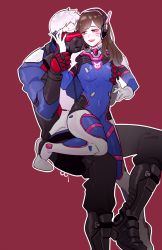 Rule 34 | 108 127, 1boy, 1girl, age difference, bad id, bad pixiv id, grabbing another&#039;s breast, brown hair, d.va (overwatch), facepaint, facial mark, grabbing, grabbing from behind, hand on another&#039;s chest, hand on another&#039;s face, hetero, highres, looking at another, mask, navel, open mouth, overwatch, overwatch 1, pink background, silver hair, simple background, sitting, sitting on lap, sitting on person, soldier: 76 (overwatch)