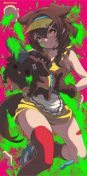 Rule 34 | :3, animal ears, animal hands, apron, bone hair ornament, braid, brown gloves, brown hair, cartoon bone, chainsaw, closed mouth, collar, collarbone, dog ears, dog girl, dog tail, dress, fang, fang out, gloves, hair between eyes, hair ornament, hair over shoulder, highres, hololive, inugami korone, listener (inugami korone), long hair, low twin braids, paw gloves, red socks, red thighhighs, roller skates, single thighhigh, skates, sleeveless, sleeveless dress, socks, spiked collar, spikes, tail, thighhighs, twin braids, vinhnyu, virtual youtuber, visor cap, yellow dress
