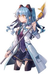 Rule 34 | 1girl, achan (blue semi), animal ears, black thighhighs, blue hair, blue shirt, blue skirt, cat ears, closed mouth, coat, cowboy shot, cropped legs, eiyuu densetsu, fake animal ears, frown, hair between eyes, highres, holding, holding polearm, holding weapon, long hair, long sleeves, miniskirt, open clothes, open coat, pleated skirt, polearm, purple vest, shirt, skirt, solo, standing, thighhighs, tio plato, transparent background, vest, weapon, white coat, yellow eyes, zero no kiseki
