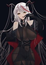 Rule 34 | 1girl, :o, absurdly long hair, aegir (azur lane), azur lane, bare shoulders, black background, black cape, black gloves, bodystocking, breast curtains, breasts, cape, covered navel, cross, cross earrings, demon horns, earrings, gloves, hair on horn, horns, iron cross, jewelry, large breasts, long hair, multicolored hair, red hair, simple background, skin tight, solo, streaked hair, two-tone hair, very long hair, white hair, yappi~shagan, yellow eyes