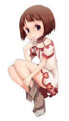Rule 34 | 1girl, bad id, bad twitter id, black eyes, boots, brown hair, dress, full body, hand on own face, looking at viewer, original, short hair, sitting, smile, solo, uni mate, white background, white dress