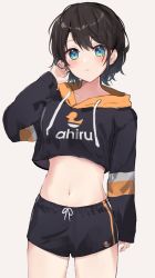 Rule 34 | 1girl, alternate costume, black hair, black hoodie, black shorts, blue eyes, blush, breasts, closed mouth, clothes writing, commentary, cowboy shot, cropped hoodie, expressionless, grey background, hair between eyes, hand in own hair, highres, hololive, hood, hood down, hoodie, long sleeves, looking at viewer, medium breasts, navel, oozora subaru, romaji text, short hair, short shorts, shorts, shuuzo3, simple background, solo, standing, stomach, thighs, translated, virtual youtuber