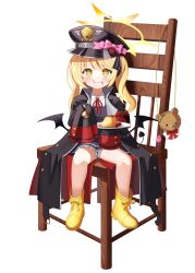 Rule 34 | 1girl, absurdres, black coat, black dress, black headwear, black tail, black wings, blonde hair, blue archive, blush, boots, chair, closed mouth, coat, collared shirt, demon tail, demon wings, dress, eating, emdo52, food, food on face, halo, hat, highres, holding, holding spoon, ibuki (blue archive), long hair, looking at viewer, open clothes, open coat, peaked cap, puddle, shirt, side ponytail, simple background, sitting, sleeves past fingers, sleeves past wrists, smile, solo, spoon, tail, white background, white shirt, wings, yellow eyes, yellow footwear, yellow halo