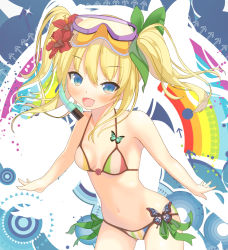 Rule 34 | 1girl, :d, at-yui, bad id, bad pixiv id, bikini, blonde hair, blue eyes, bug, butterfly, cowboy shot, diving mask, flower, goggles, hair flower, hair ornament, hibiscus, highres, bug, long hair, open mouth, original, outstretched arms, smile, snorkel, solo, spread arms, swimsuit, twintails