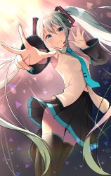 Rule 34 | 1girl, absurdres, bare shoulders, black footwear, black skirt, black sleeves, blue eyes, blue hair, blue necktie, blush, boots, breasts, cac itinose, collared shirt, commentary request, detached sleeves, dress shirt, grin, hair between eyes, hatsune miku, head tilt, headset, highres, long hair, long sleeves, looking at viewer, necktie, outstretched arm, pleated skirt, shirt, skirt, sleeveless, sleeveless shirt, small breasts, smile, solo, thigh boots, tie clip, twintails, very long hair, vocaloid, white shirt, wide sleeves
