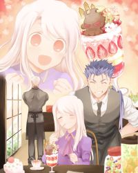 Rule 34 | 1girl, 2boys, :d, apron, archer (fate), ascot, black neckwear, black vest, blue hair, blush, collared dress, collared shirt, commentary request, cu chulainn (fate), day, dress, earrings, closed eyes, fate/stay night, fate (series), food, fruit, grin, happy, highres, illyasviel von einzbern, indoors, inset, jewelry, cu chulainn (fate/stay night), leaning forward, long hair, multiple boys, necktie, open mouth, pink neckwear, ponytail, purple dress, red eyes, shirt, smile, strawberry, takashi (onikukku), vest, white hair, white shirt, window, wing collar