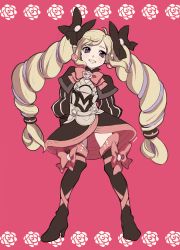 Rule 34 | 1girl, ahoge, armor, black dress, black thighhighs, blonde hair, bow, breastplate, dress, drill hair, earrings, elise (fire emblem), fire emblem, fire emblem fates, flower, grin, jewelry, long hair, looking at viewer, mari mokomo, marimo komo, nintendo, pink background, pink bow, pink flower, pink rose, purple eyes, rose, simple background, smile, solo, thighhighs, twin drills, twintails, very long hair