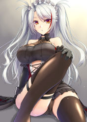 Rule 34 | 1girl, alternate costume, azur lane, black collar, black dress, black gloves, black panties, black thighhighs, blush, breasts, collar, commentary, cross-laced clothes, detached sleeves, dress, enmaided, eyebrows hidden by hair, feet out of frame, frilled dress, frills, gekato, gloves, gradient background, grey background, grey hair, hand on own knee, highres, knee up, large breasts, long hair, looking at viewer, maid, maid headdress, midriff, multicolored hair, official alternate costume, paid reward available, panties, parted bangs, parted lips, prinz eugen (azur lane), prinz eugen (kindred evening spirits) (azur lane), red eyes, red hair, sitting, solo, streaked hair, thigh strap, thighhighs, thighs, two-tone hair, two side up, underwear, wing collar