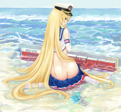 Rule 34 | 1girl, alternate hairstyle, ass, blonde hair, blue eyes, butt crack, chenche-jun, clothes pull, day, elbow gloves, enterprise (warship girls r), from behind, gloves, hair down, hair ornament, hat, highres, long hair, looking back, miniskirt, no panties, outdoors, partially submerged, peaked cap, shirt, sitting, skirt, skirt pull, sleeveless, sleeveless shirt, solo, unworn hair ornament, very long hair, wariza, warship girls r, weapon, white legwear