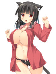 Rule 34 | 1girl, animal ears, asa no ha (awayuki), black hair, black panties, blush, breasts, cat ears, cat tail, chestnut mouth, fang, hands up, large breasts, navel, open clothes, open mouth, original, panties, red eyes, short hair, simple background, sketch, solo, tail, underwear, white background
