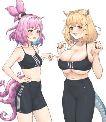 Rule 34 | 2girls, :3, absurdres, animal ear fluff, animal ears, arknights, bare shoulders, bike shorts, black nails, blonde hair, blue hair, blush, body blush, breast envy, breast poke, breasts, cameltoe, cleavage, collarbone, female focus, hand on own hip, highres, huge breasts, kirara (arknights), lizard tail, looking at another, looking at breasts, matching hair/eyes, medium breasts, medium support (meme), meme, midriff, multicolored hair, multiple girls, navel, open mouth, pointing, pointy ears, poking, ponytail, purple eyes, purple hair, radioneet, short hair, simple background, skin tight, skindentation, standing, sweatdrop, tail, tentacles, two-tone hair, underboob, undersized clothes, utage (arknights), white background