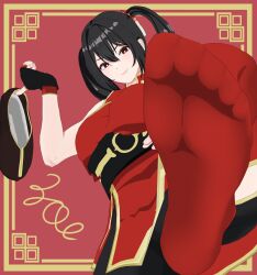 Rule 34 | 1girl, absurdres, black hair, china dress, chinese clothes, dress, feet, focofortune, highres, light smile, long hair, looking at viewer, red eyes, red thighhighs, shoes, single shoe, soles, thighhighs, twintails, unworn shoes