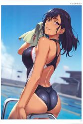 Rule 34 | 1girl, absurdres, artist name, ass, bare shoulders, blue sky, breasts, cloud, cloudy sky, competition swimsuit, dark-skinned female, dark skin, day, highres, holding, ishigaki takashi, long hair, medium breasts, mole, mole under eye, one-piece swimsuit, outdoors, page number, parted lips, pool, scan, sky, solo, sports bra, swimsuit, thighs, toranoana, towel, water