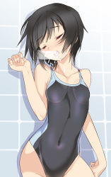 Rule 34 | 1girl, amagami, bad id, bad pixiv id, bare shoulders, black hair, blade (galaxist), blush, collarbone, competition swimsuit, disembodied penis, closed eyes, fellatio, hetero, invisible penis, nanasaki ai, one-piece swimsuit, open mouth, oral, penis, short hair, solo, solo focus, swimsuit