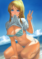Rule 34 | 10s, 1girl, areola slip, ayase eli, beach, bikini, blonde hair, blue bikini, blue eyes, blush, breasts, cleavage, clothes lift, cloud, clpud, day, highres, large breasts, lasterk, lifting own clothes, long hair, looking at viewer, love live!, love live! school idol project, mouth hold, navel, ocean, outdoors, ponytail, scrunchie, seiza, shiny skin, shirt lift, side-tie bikini bottom, sitting, skindentation, sky, smile, solo, stomach, striped bikini, striped clothes, swimsuit, untied bikini, v