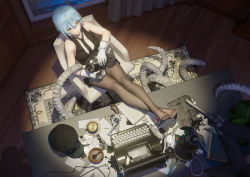 Rule 34 | 1girl, 1other, antique phone, black pantyhose, blue hair, breasts, corded phone, crossed ankles, desk, feet on table, formal, from above, gloves, gun, handgun, hat, unworn hat, unworn headwear, highres, holding, holding phone, indoors, large breasts, mag (huangmag), md5 mismatch, office lady, original, pantyhose, phone, pleated skirt, red eyes, resolution mismatch, revolver, rotary phone, short hair, sitting, skirt, skirt suit, sleeveless, source larger, suit, tentacles, typewriter, weapon, white gloves