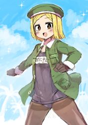 Rule 34 | 1girl, :d, beret, black one-piece swimsuit, blonde hair, blue sky, blush, brown eyes, brown gloves, brown pantyhose, cloud, collared jacket, day, etori, fate/grand order, fate (series), forehead, gloves, green hat, green jacket, hat, jacket, long sleeves, looking at viewer, name tag, old school swimsuit, one-piece swimsuit, open clothes, open jacket, open mouth, outdoors, pantyhose, pantyhose under swimsuit, parted bangs, paul bunyan (fate), school swimsuit, sky, smile, solo, sparkle, swimsuit, translation request
